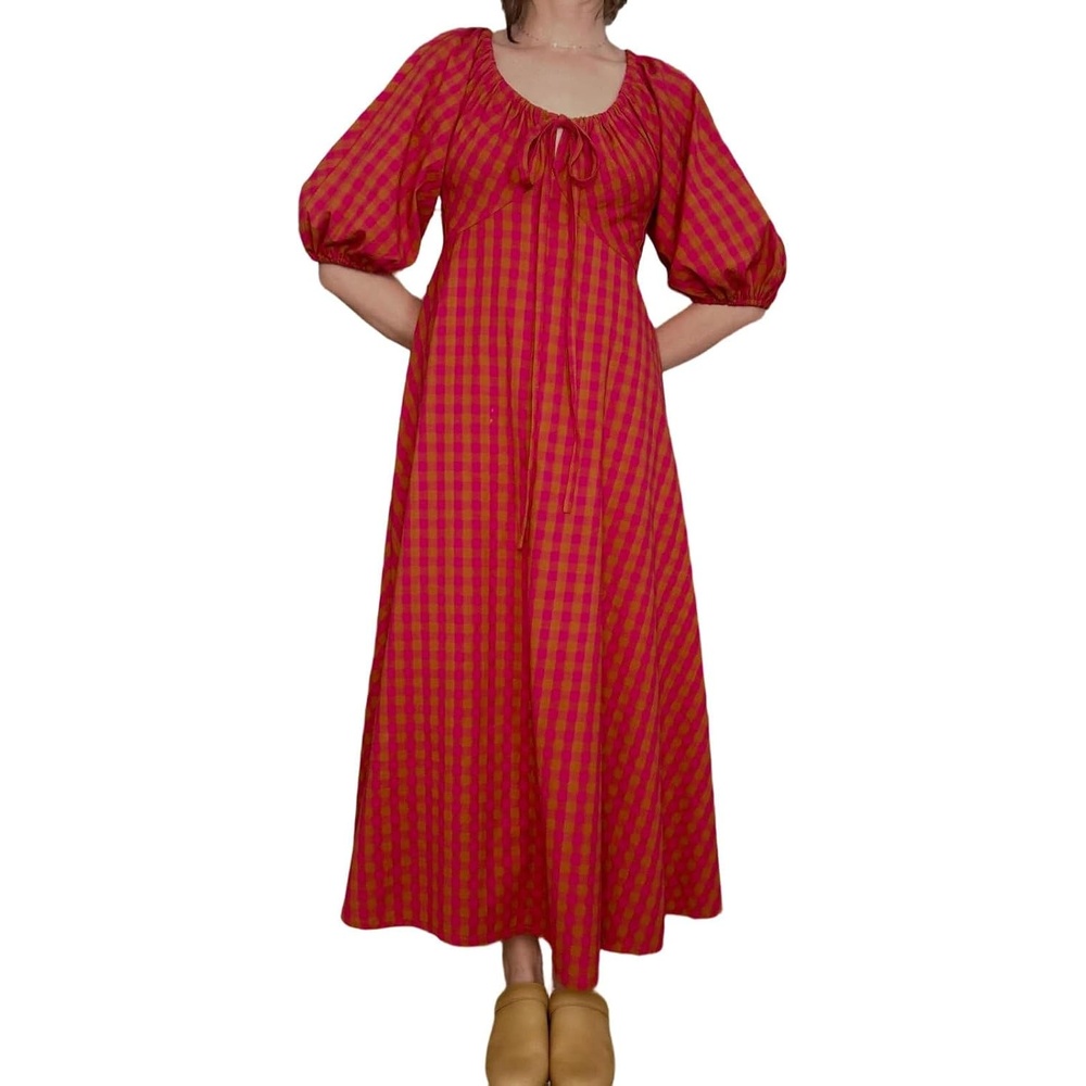 image:imageCHARTOU Women Puff Sleeve Plaid Long Dress Summer Tie Font Flowy Fairy Cottagecore DressRed