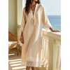image:imageCHARTOU Women Cotton Linen Midi Dress Lace Tie Front 34 Sleeve Summer Casual Shift DressApricot