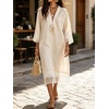 image:imageCHARTOU Women Cotton Linen Midi Dress Lace Tie Front 34 Sleeve Summer Casual Shift DressApricot