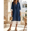 image:imageCHARTOU Women Cotton Linen Midi Dress Lace Tie Front 34 Sleeve Summer Casual Shift DressNavy Blue
