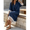 image:imageCHARTOU Women Cotton Linen Midi Dress Lace Tie Front 34 Sleeve Summer Casual Shift DressNavy Blue