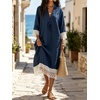 image:imageCHARTOU Women Cotton Linen Midi Dress Lace Tie Front 34 Sleeve Summer Casual Shift DressNavy Blue
