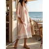 image:imageCHARTOU Women Cotton Linen Midi Dress Lace Tie Front 34 Sleeve Summer Casual Shift DressPink