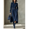 image:imageCHARTOU Women Faux Suede Midi Dress Button Long Sleeve Belted A Line DressNavy Blue
