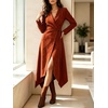 image:imageCHARTOU Women Faux Suede Midi Dress Fringe Long Sleeve Tie Waist Asymmetrical Wrap DressRed
