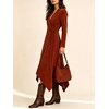 image:imageCHARTOU Women Faux Suede Midi Dress Fringe Long Sleeve Tie Waist Asymmetrical Wrap DressRed