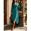 image:imageCHARTOU Women Faux Suede Midi Dress Fringe Long Sleeve Tie Waist Asymmetrical Wrap DressTeal