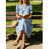 image:imageCHARTOU Women Summer Plaid Midi Dress V Neck Puff Short Sleeve Scalloped Lace Trim Gingham Shift Dress with PocketsBlue