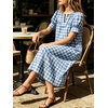 image:imageCHARTOU Women Summer Plaid Midi Dress V Neck Puff Short Sleeve Scalloped Lace Trim Gingham Shift Dress with PocketsBlue