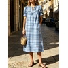 image:imageCHARTOU Women Summer Plaid Midi Dress V Neck Puff Short Sleeve Scalloped Lace Trim Gingham Shift Dress with PocketsBlue