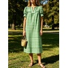 image:imageCHARTOU Women Summer Plaid Midi Dress V Neck Puff Short Sleeve Scalloped Lace Trim Gingham Shift Dress with PocketsGreen