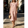 image:imageCHARTOU Women Summer Plaid Midi Dress V Neck Puff Short Sleeve Scalloped Lace Trim Gingham Shift Dress with PocketsPink