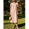 image:imageCHARTOU Women Summer Plaid Midi Dress V Neck Puff Short Sleeve Scalloped Lace Trim Gingham Shift Dress with PocketsPink