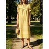 image:imageCHARTOU Women Summer Plaid Midi Dress V Neck Puff Short Sleeve Scalloped Lace Trim Gingham Shift Dress with PocketsYellow