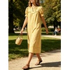 image:imageCHARTOU Women Summer Plaid Midi Dress V Neck Puff Short Sleeve Scalloped Lace Trim Gingham Shift Dress with PocketsYellow
