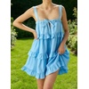 image:imageCHARTOU Women Tiered Ruffle Mini Dress Summer Bow Tie Spaghetti Strap Babydoll Dress Cute Beach CoverupBlue