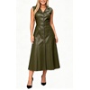 image:imageCHARTOU Womens Sleeveless Lapel Faux Leather Midi Dress Front Button Flared Tank Leather Dress with PocketsGreen