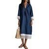 image:imageCHARTOU Women Cotton Linen Midi Dress Lace Tie Front 34 Sleeve Summer Casual Shift DressNavy Blue