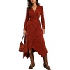 image:imageCHARTOU Women Faux Suede Midi Dress Fringe Long Sleeve Tie Waist Asymmetrical Wrap DressRed