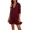 image:imageCHARTOU Women Hooded Sweatshirt Mini Dress Deep V Neck Long Sleeve Ruffle Short DressWine