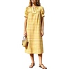 image:imageCHARTOU Women Summer Plaid Midi Dress V Neck Puff Short Sleeve Scalloped Lace Trim Gingham Shift Dress with PocketsYellow