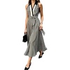 image:imageCHARTOU Women Summer Striped Long Dress Lapel V Neck Sleeveless High Waist A Line Dress with BeltBlack