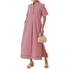 image:imageCHARTOU Womens Plaid Button Front Side Slit Loose Tunic Maxi Dress with PocketsRed