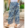 image:imageCHARTOU Women Drawstring Barrel Jeans Baggy Cropped Wide Leg Jeans Floral Elastic Waist Ankle Denim PantsBlue