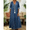 image:imageCHARTOU Women Star Print Denim Maxi Dress Summer V Neck 34 Sleeve Loose Flowy Long Jean Dress with PocketsBlue