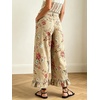 image:imageCHARTOU Womens High Rise Wide Leg Jeans Baggy Floral Ruffle Hem Cropped Denim PantsKhaki