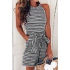 image:imageWomen Casual Sleeveless Striped Jumpsuit Halter Neck Short Romper Pants Wide Leg Overalls Tie with PocketBlack