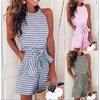 image:imageWomen Casual Sleeveless Striped Jumpsuit Halter Neck Short Romper Pants Wide Leg Overalls Tie with PocketBlue