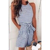 image:imageWomen Casual Sleeveless Striped Jumpsuit Halter Neck Short Romper Pants Wide Leg Overalls Tie with PocketBlue