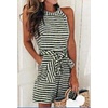 image:imageWomen Casual Sleeveless Striped Jumpsuit Halter Neck Short Romper Pants Wide Leg Overalls Tie with PocketGreen
