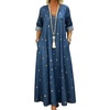 image:imageCHARTOU Women Star Print Denim Maxi Dress Summer V Neck 34 Sleeve Loose Flowy Long Jean Dress with PocketsBlue