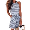 image:imageWomen Casual Sleeveless Striped Jumpsuit Halter Neck Short Romper Pants Wide Leg Overalls Tie with PocketBlue
