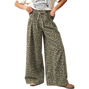 image:imageCHARTOU Womens Drawstring Wide Leg Jeans Baggy Y2k Pleated Denim Pants with PocketsLeopard