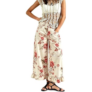 image:imageCHARTOU Womens High Rise Wide Leg Jeans Baggy Floral Ruffle Hem Cropped Denim PantsBeige