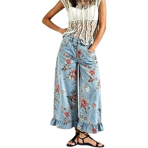 image:imageCHARTOU Womens High Rise Wide Leg Jeans Baggy Floral Ruffle Hem Cropped Denim PantsLight Blue