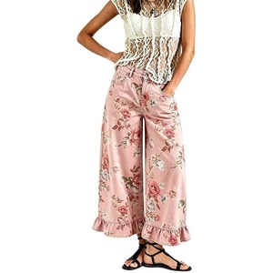 image:imageCHARTOU Womens High Rise Wide Leg Jeans Baggy Floral Ruffle Hem Cropped Denim PantsPink