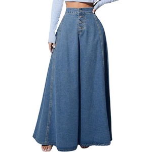 image:imageHigh Waisted Maxi Denim Skirt Women Elegant Pleated Button Up Patchwork Flowy Long Jean SkirtsDark Blue