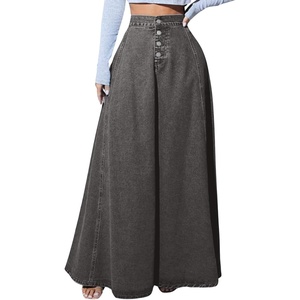 image:imageHigh Waisted Maxi Denim Skirt Women Elegant Pleated Button Up Patchwork Flowy Long Jean SkirtsGrey