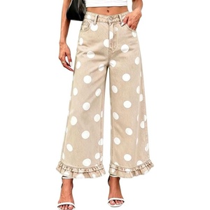 image:imageWomen Denim Camo Pants Y2k Ruffle Hem Cropped Wide Leg Jeans with PocketsKhaki