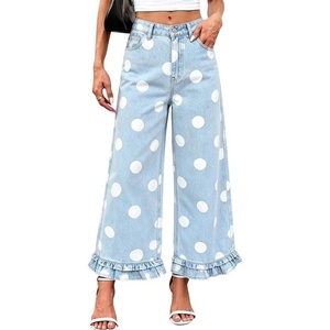 image:imageWomen Denim Camo Pants Y2k Ruffle Hem Cropped Wide Leg Jeans with PocketsLight Blue
