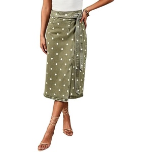 image:imageWomen Midi Denim Wrap Skirt Polka Dot High Waist Tie Knot Western Jean Pencil Skirt with SlitGreen