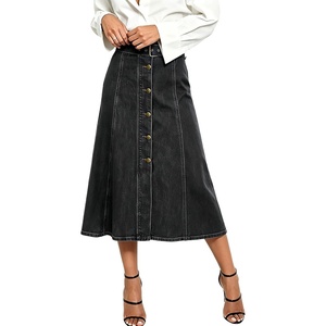 image:imageWomens Back Elastic High Waist Denim Midi Skirt ALine Flared Long Jean Skirt with BeltBlack
