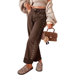image:imageWomens High Waist Wide Leg Jeans Y2k Studded Cuffed Hem Ankle Denim PantsBrown