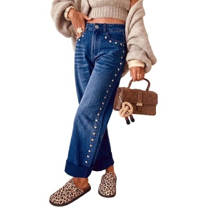 image:imageWomens High Waist Wide Leg Jeans Y2k Studded Cuffed Hem Ankle Denim PantsDark Blue