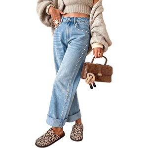 image:imageWomens High Waist Wide Leg Jeans Y2k Studded Cuffed Hem Ankle Denim PantsLight Blue