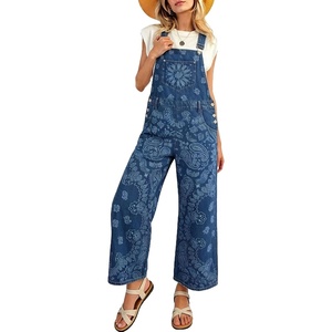 image:imageWomens Paisley Print Denim Overalls Adjustable Straps Baggy Bib Overalls Casual Wide Leg Jean Jumpsuit with PocketsBlue
